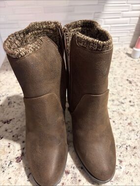 JustFab Brown Faux-Leather Ankle Boots with Knit Cuff